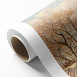 Art deco style poster of a serene landscape in soft pastel colors on rolled canvas, suitable for nursery wall art.