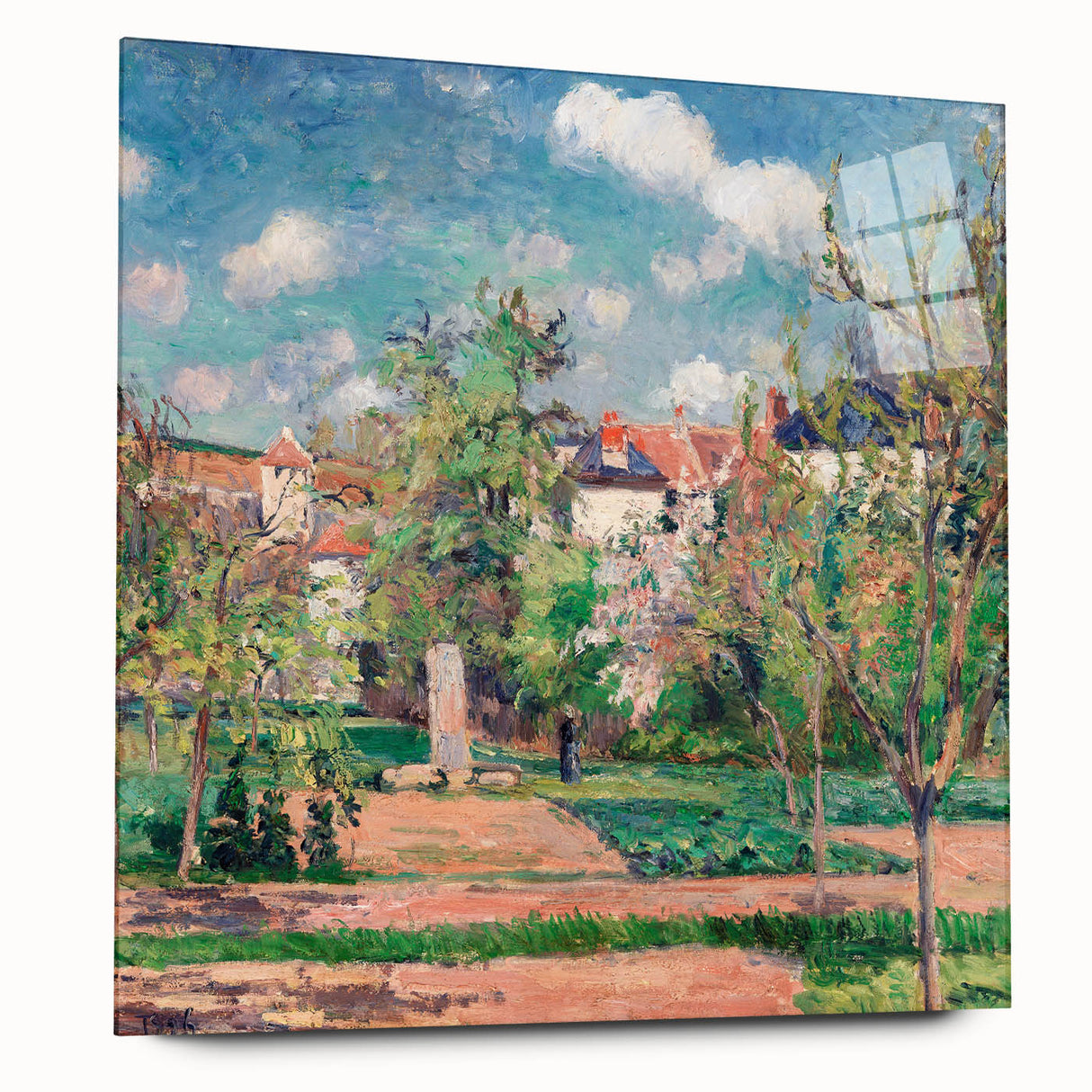 Large abstract wall art by Camille Pissarro in muted earth tones on acrylic glass, ideal for bedroom or dining room decor.