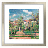 Textured abstract art print by Camille Pissarro in silver frame with mat, featuring muted earth tones, ideal for bedroom art.