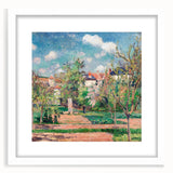 Abstract art print of a Camille Pissarro design with muted earth tones on a white framed canvas.