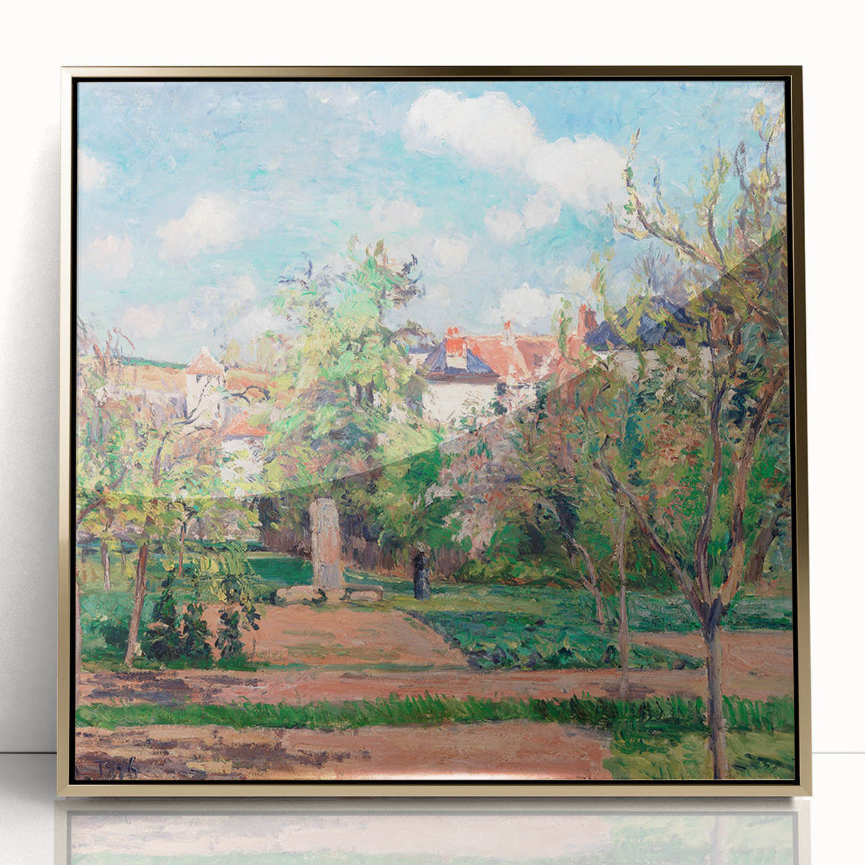 Mid-century modernist art print of a Camille Pissarro landscape, framed in gold acrylic, with soft earth tones.