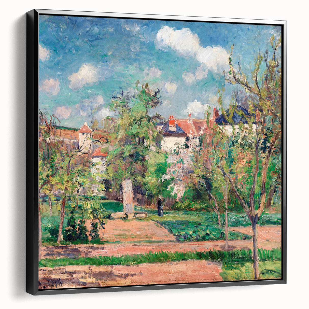 Black and white landscape art painting of a rural scene on framed canvas, ideal for bedroom wall decor.