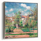 Framed canvas featuring a landscape art painting by Camille Pissarro in colorful tones.