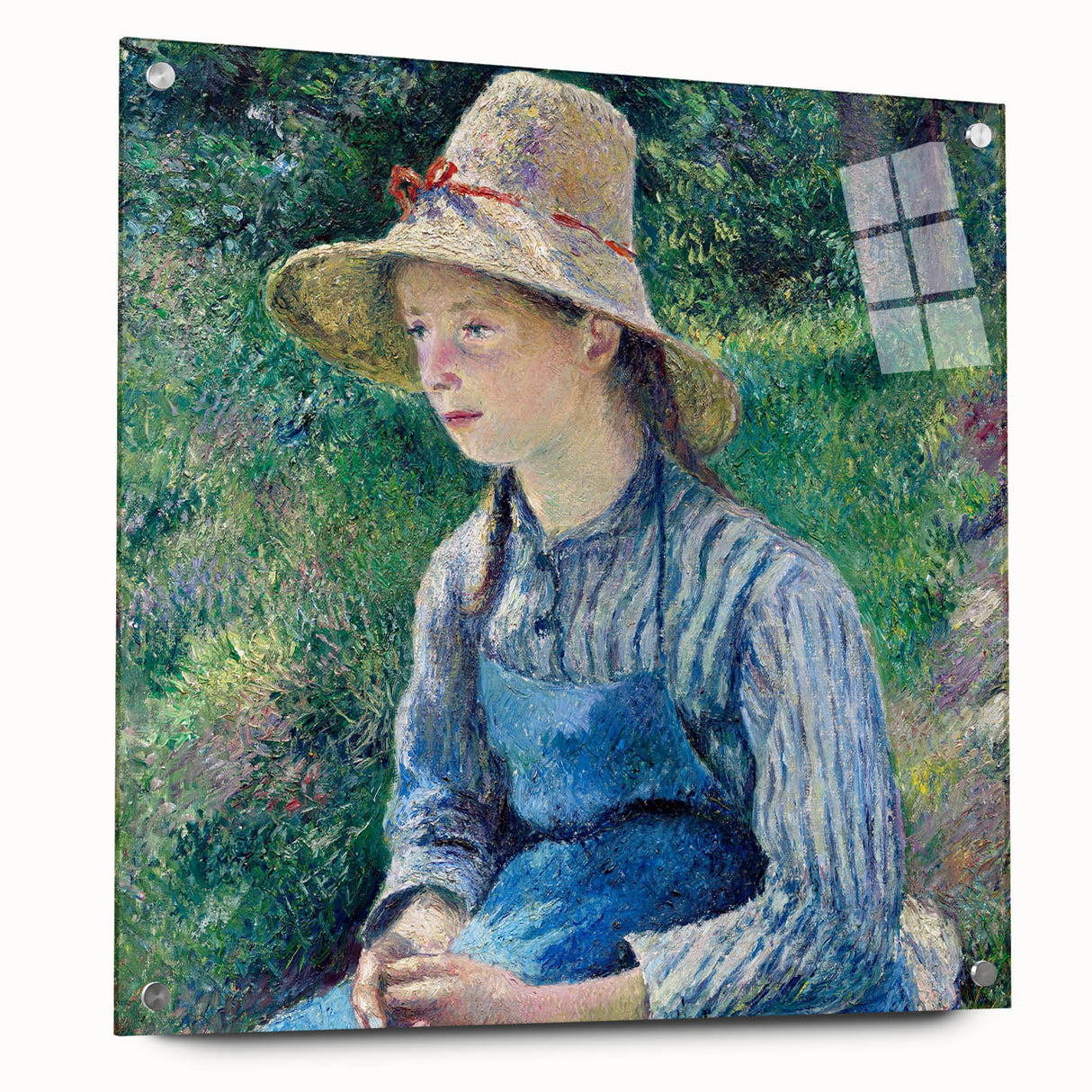 Acrylic print of Camille Pissarro's impressionistic scene, with soft green and blue tones, ideal for dining room decor.