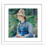 Abstract art print of a cityscape in muted gray and blue tones on a framed white canvas, ideal for dining room decor.