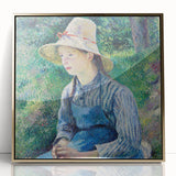 Mid-century modernist art by Camille Pissarro featuring a rural landscape in muted greens and blues, framed acrylic.