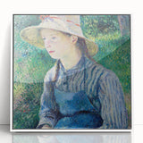 Art deco poster featuring a Camille Pissarro landscape in muted green and blue tones, framed in white acrylic.