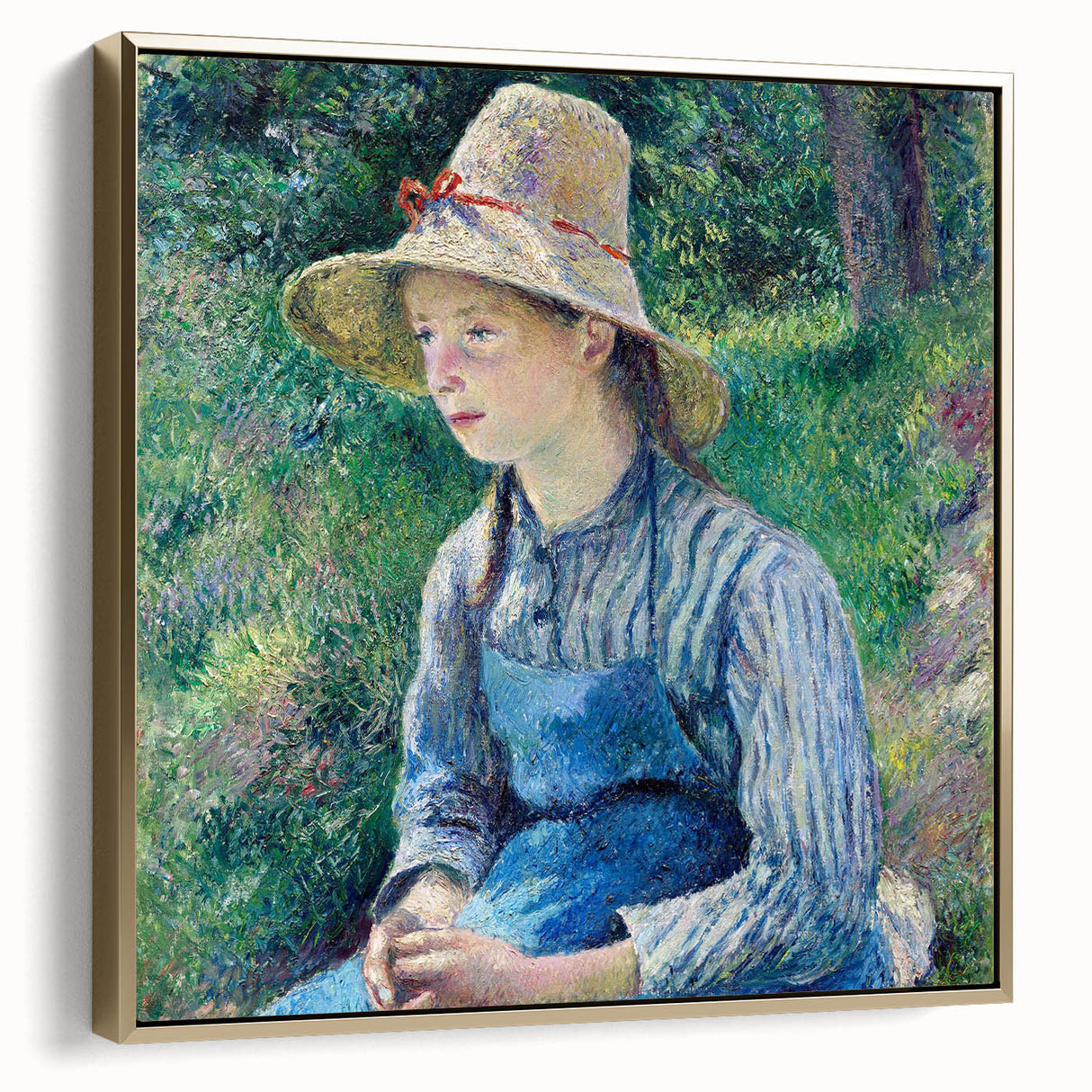 Framed canvas featuring a vintage landscape painting by Camille Pissarro in muted earth tones, ideal for bedroom wall art.