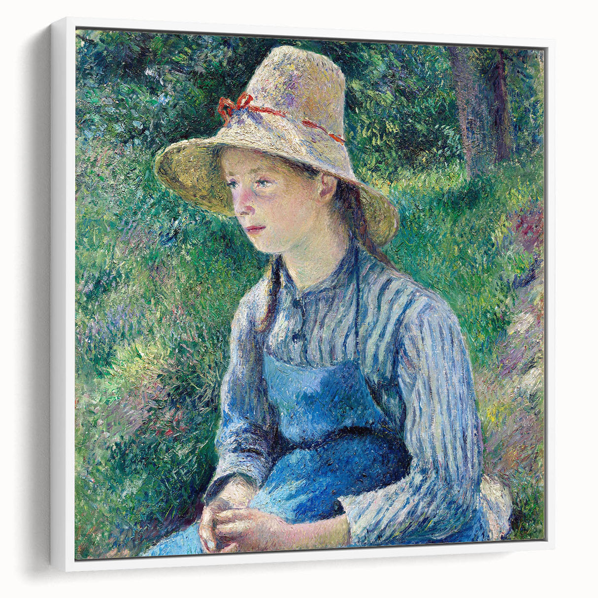 Vintage poster art featuring a Camille Pissarro design on a framed canvas, with colorful imagery on a black background.