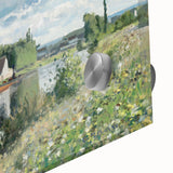 Mid-century modernist acrylic print of abstract shapes in earth tones, ideal for dining room art.