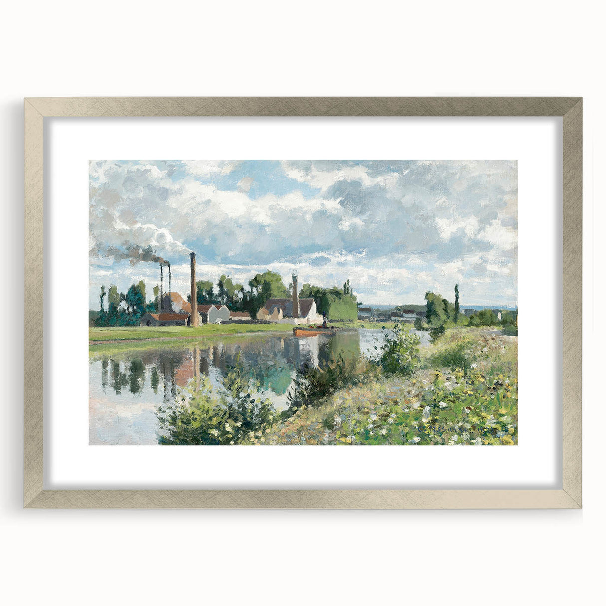 Textured art print of abstract tree forms in muted green and brown hues on a silver-framed canvas.