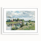 Abstract art print of a Camille Pissarro painting with muted earth tones, framed in white, ideal for dining room decor.