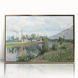Large art print of a Camille Pissarro landscape, featuring muted earth tones in a gold-framed acrylic.