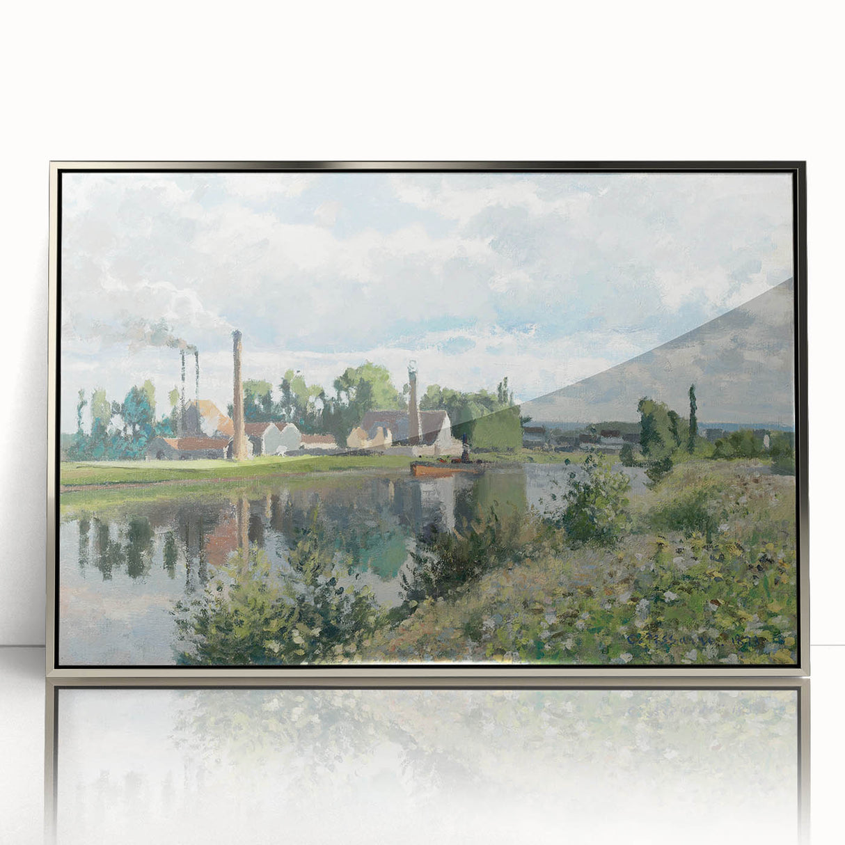 Mid-century modernist art by Camille Pissarro, featuring pastoral scene in muted colors, silver-framed acrylic.