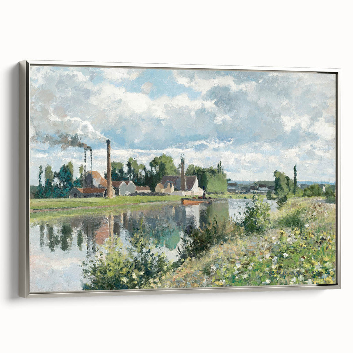 Landscape art painting of a rural scene with vibrant green and blue tones on a framed canvas, ideal for living room decor.