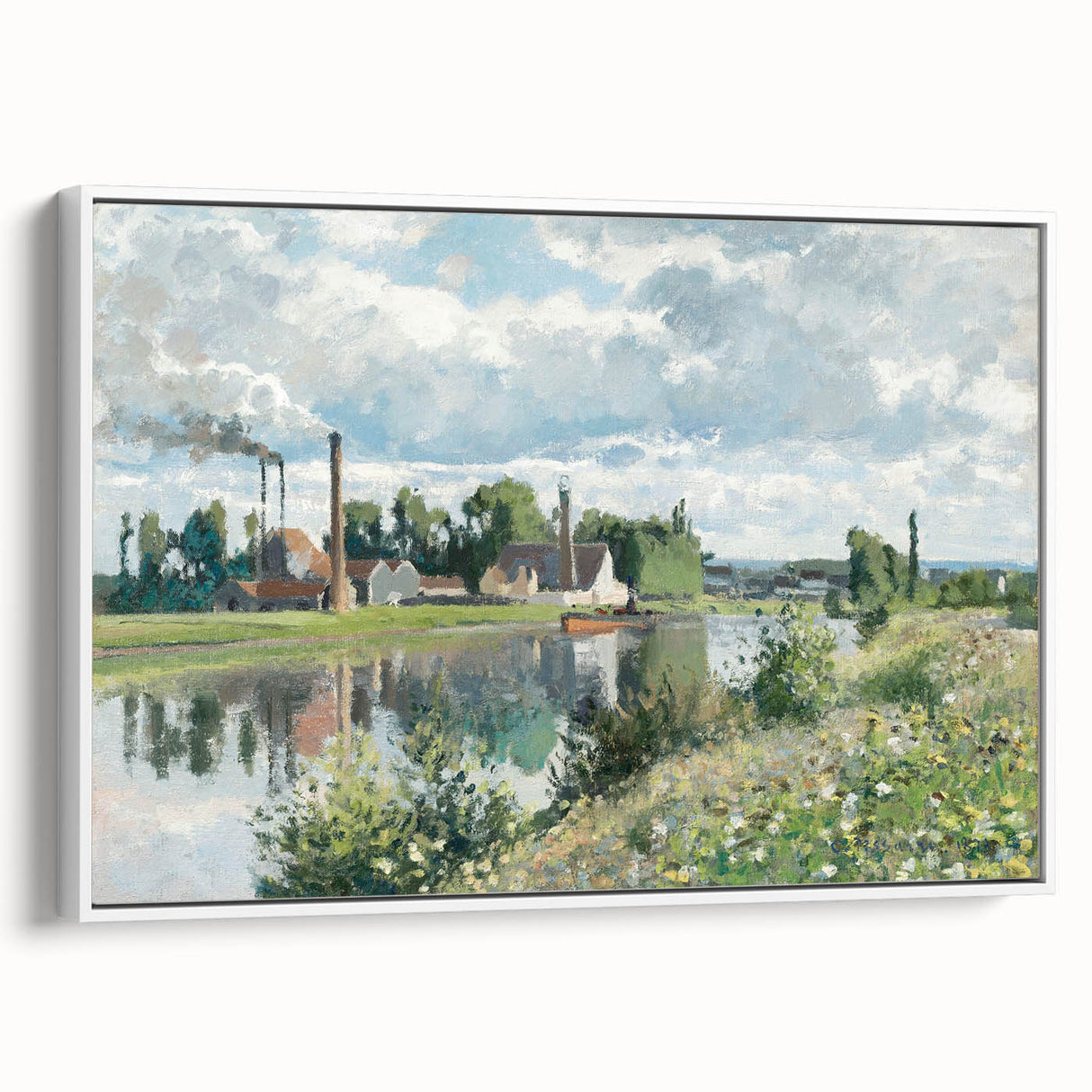 Framed canvas featuring a vintage poster art of Camille Pissarro's painting, with colorful palette.