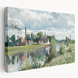Large impressionist-style canvas art depicting a rural landscape in soft green and blue tones.