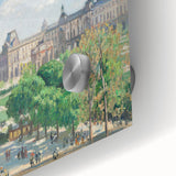 Mid-century modernist acrylic print of a Camille Pissarro-inspired abstract scene in muted earth tones.