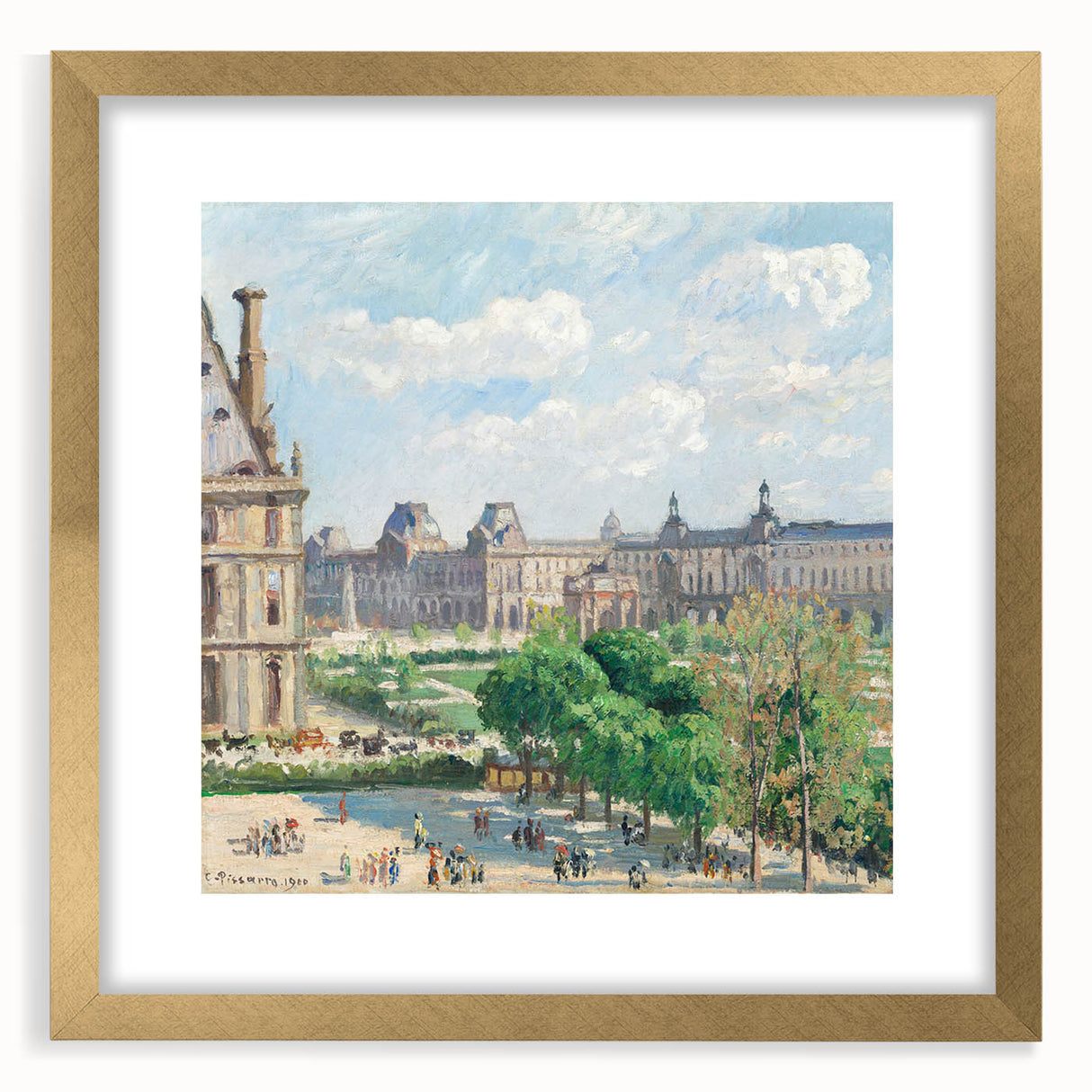Extra large abstract art print of textured trees in muted earth tones on a gold-framed canvas, ideal for living room decor.