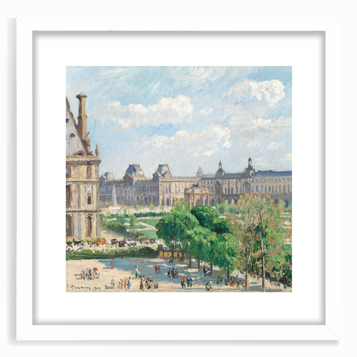 Abstract art print of a Camille Pissarro-inspired landscape in muted green and blue tones, framed with a white mat.