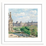 Abstract art print of a Camille Pissarro-inspired landscape in muted green and blue tones, framed with a white mat.