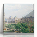 Art deco poster of a Camille Pissarro painting, in muted pastel shades on white framed acrylic.