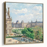 Vintage poster art of a landscape painting by Camille Pissarro, featuring muted earth tones on a framed canvas.