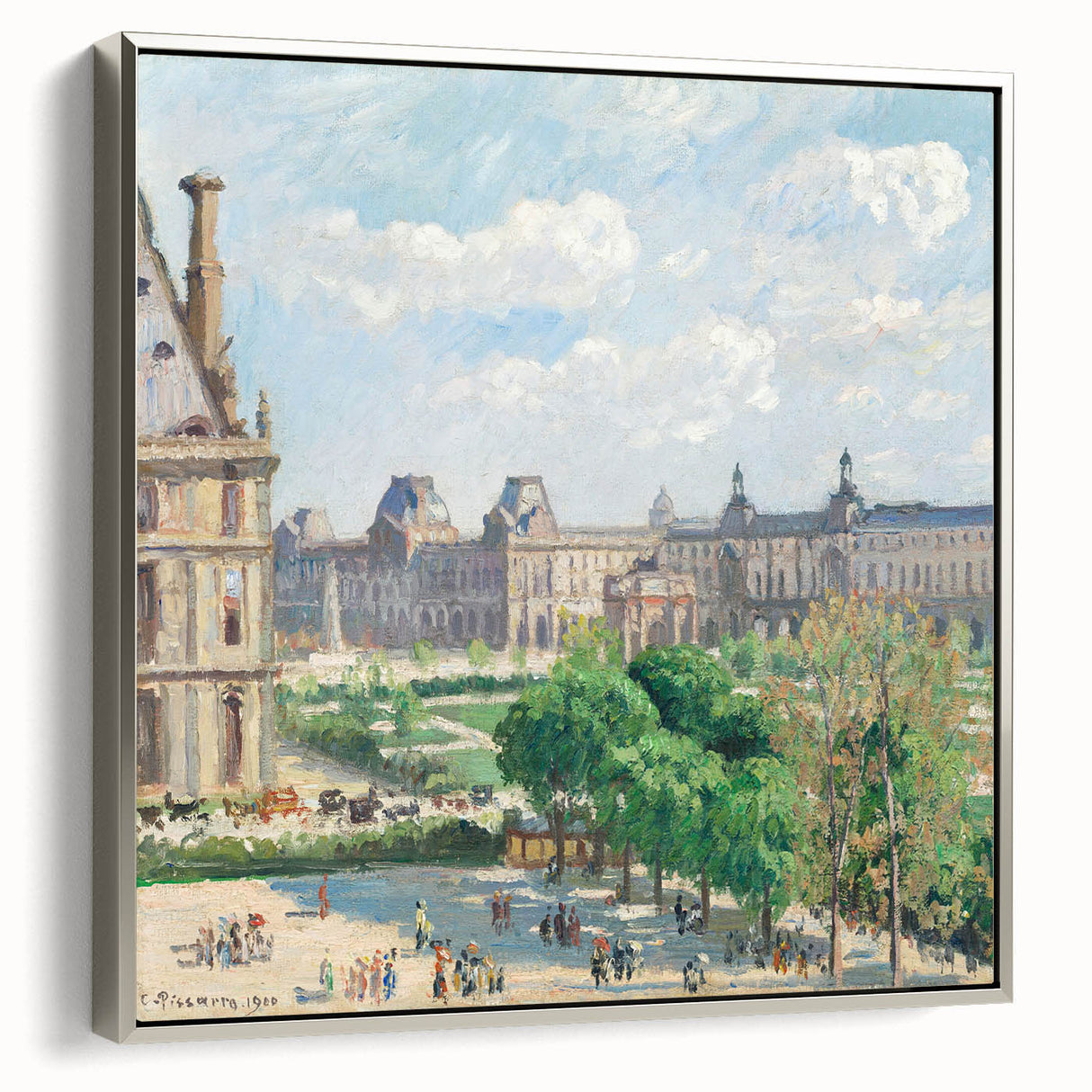 Vintage poster art of a colorful landscape painting by Camille Pissarro, framed in black, ideal for living room decor.