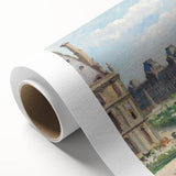 Art deco poster featuring a serene landscape in soft green and blue hues on rolled canvas, ideal for nursery wall art.