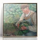 Large art print of a Camille Pissarro landscape in muted greens and blues, framed in gold, ideal for modern art wall decor.