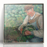 Mid-century modernist art by Camille Pissarro, featuring a landscape in muted greens and blues on a framed acrylic print.