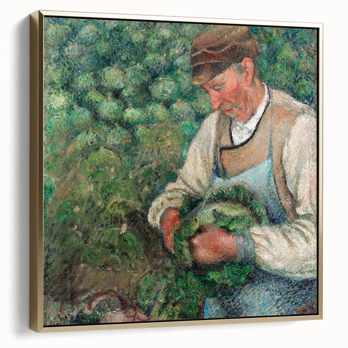 Framed canvas of a vintage-style landscape painting by Camille Pissarro, featuring muted earth tones.