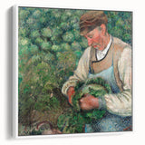 Extra large vintage poster art of a colorful Camille Pissarro design on a white framed canvas, ideal for living room decor.