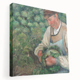 Side view of a stretched canvas featuring Camille Pissarro's impressionist artwork in soft earth tones.