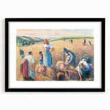 Extra large abstract art print featuring a colorful, textured depiction of a rural scene on a black framed canvas.