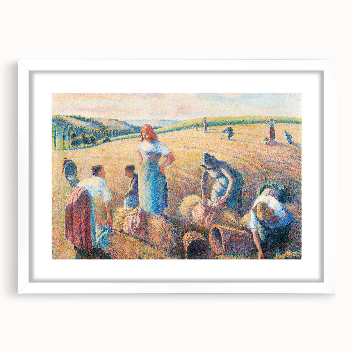 Abstract art print of a vibrant, colorful landscape on a white-framed canvas, ideal for bedroom or dining room decor.
