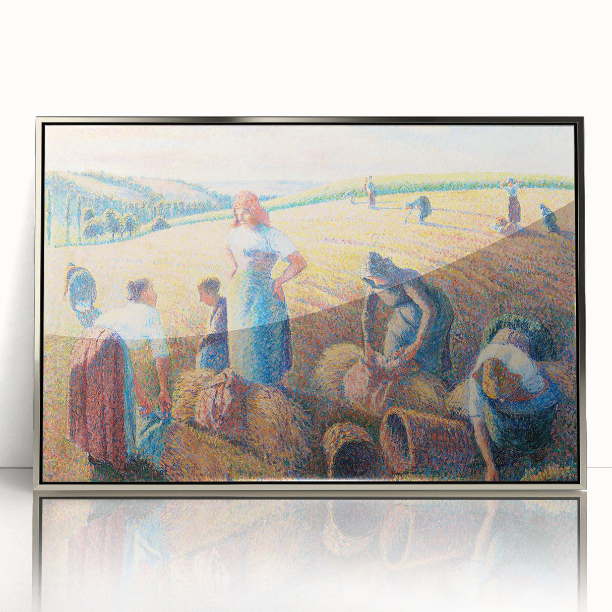 Mid-century modernist art depicting a rural landscape in muted earth tones, framed acrylic print, ideal for nursery wall art.