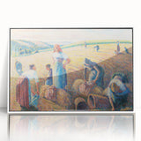 Art deco poster of a Camille Pissarro design on a white framed acrylic, featuring soft pastel colors.