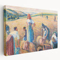 Side view of a stretched canvas featuring Camille Pissarro's impressionist artwork in soft earth tones.