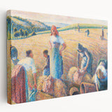 Side view of a stretched canvas featuring Camille Pissarro's impressionist artwork in soft earth tones.
