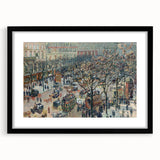 Extra large canvas print of a colorful, abstract Camille Pissarro design in vibrant hues, framed in black.
