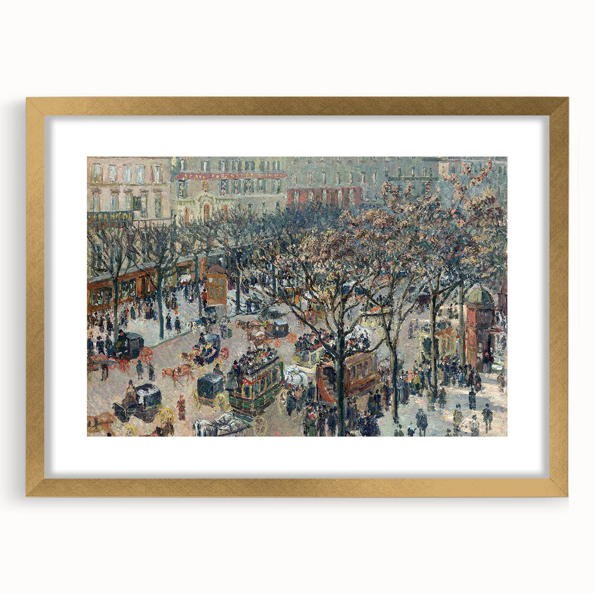 Extra large abstract art print featuring a textured representation of a landscape, in a gold frame.