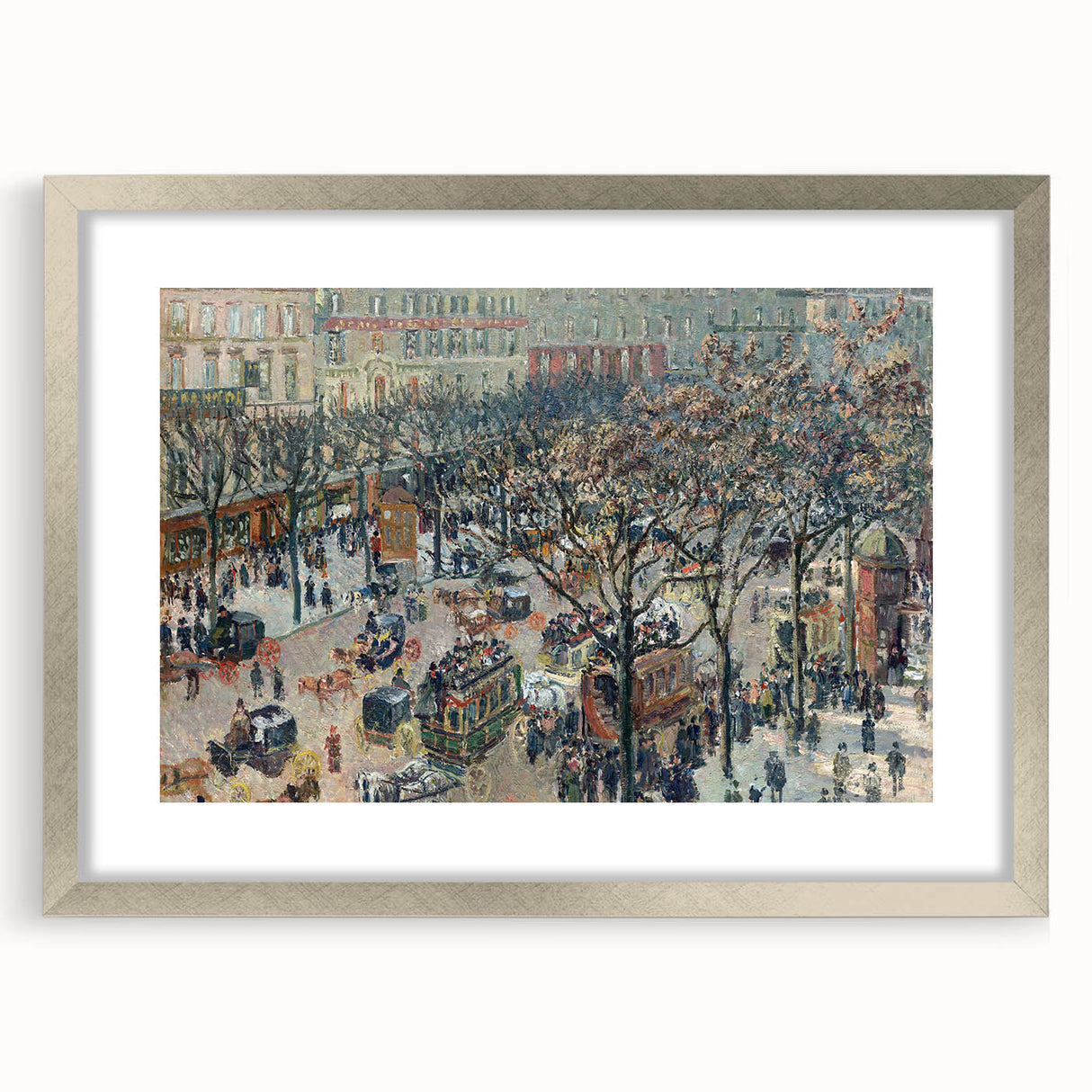 Textured abstract art print of a blurred cityscape in cool gray tones, framed in silver, ideal for bedroom art.
