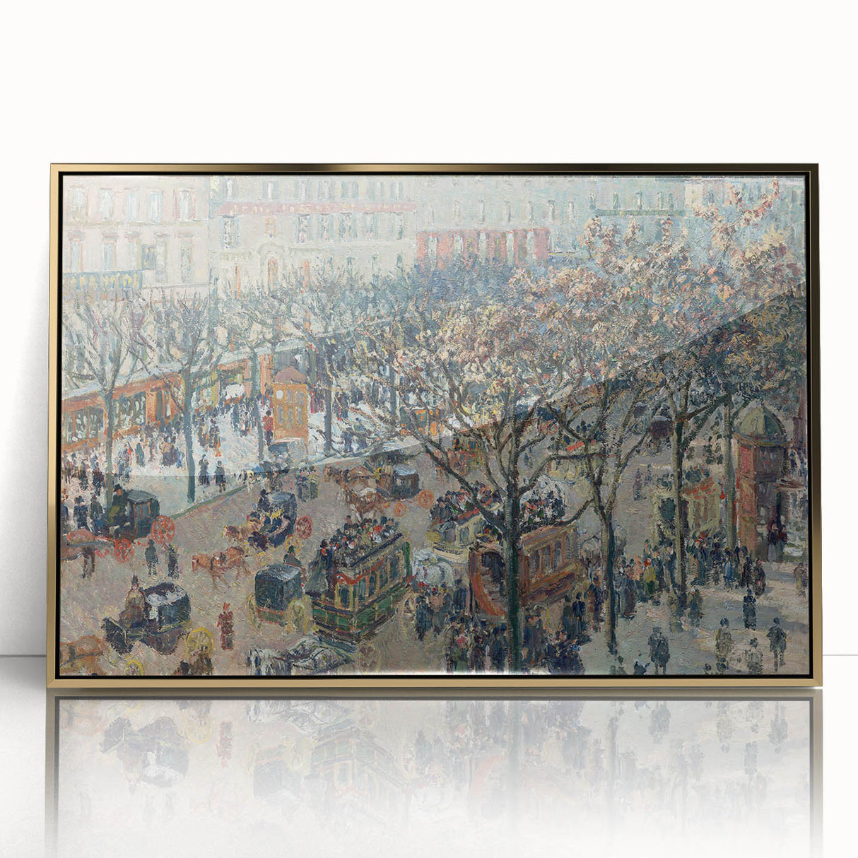 Mid-century modernist acrylic print of Camille Pissarro's landscape in gold frame, ideal for nursery wall art.