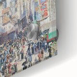 Mid-century modernist art featuring abstract shapes in muted greens and blues on acrylic glass, ideal for dining room art.