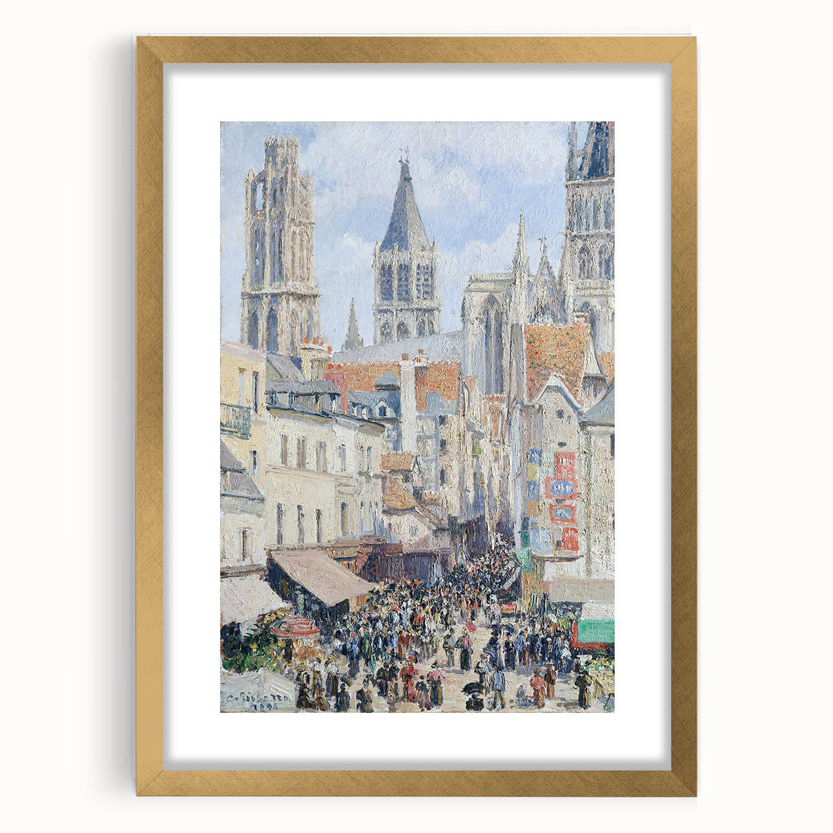Extra large abstract art print featuring textured strokes of earth tones on canvas, framed in gold.