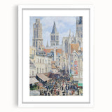 Abstract art print of a colorful Pissarro landscape, framed in white, ideal for bedroom or dining room decor.