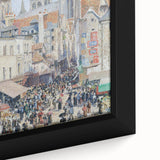 Close-up of extra large black wall art depicting a colorful, textured impressionist style scene on a framed canvas.