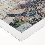 Art deco poster featuring a cityscape in muted gray and blue tones on rolled canvas, suitable for dining room wall art.