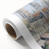 Art Deco poster of a serene landscape in soft green and blue tones on rolled canvas.